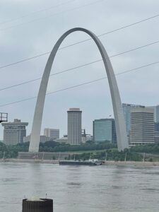 The Gateway Arch, this picture was taken from East St Louis, Illinois. The river is the Mississippi.