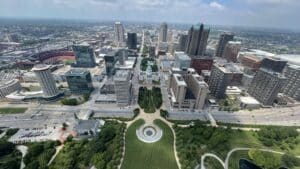 This is the view from the top of the Gateway Arch looking west towards Missouri.