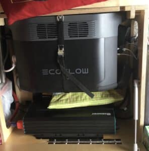 This is my 2000 watt EcoFlow power bank and my 2000 watt Renogy inverter which charges the power bank when I’m driving. I can also plug the EcoFlow into a regular 110 socket to charge it.